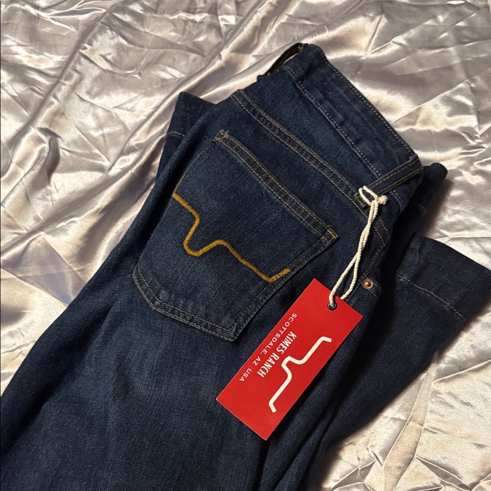 Kimes Ranch Dark Blue Boot Cut Jeans with Yellow Stitching